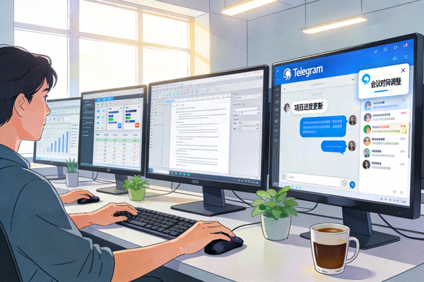 办公室环境中，用户使用多台显示器协同工作，Telegram电脑版在其中同步消息的场景