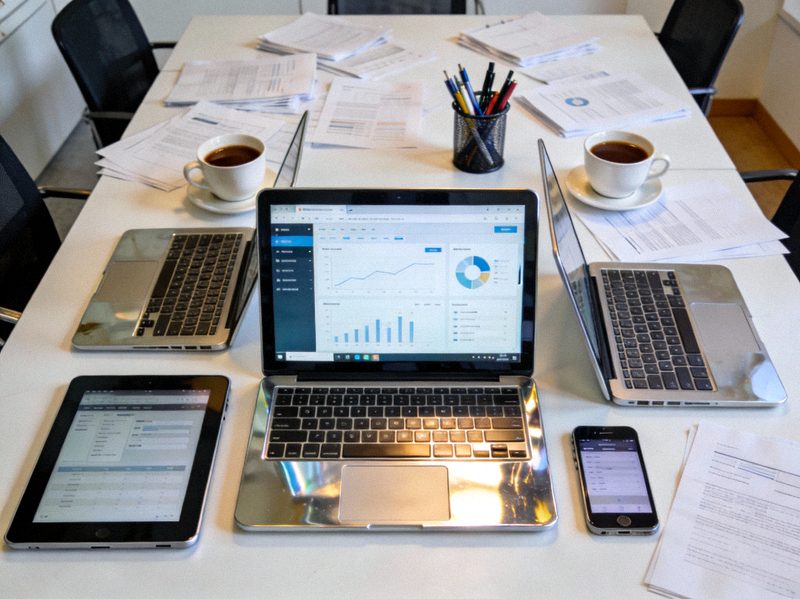 办公桌上并排放置的笔记本电脑、平板和手机，展示跨设备工作场景