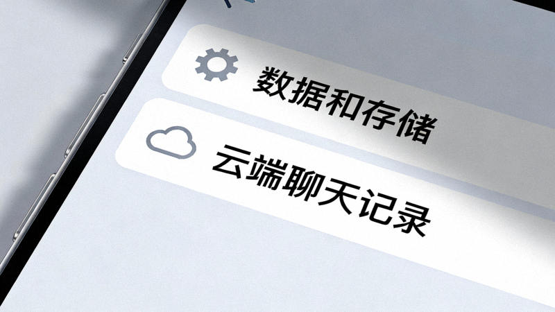 特写手机Telegram设置界面中‘数据和存储’与‘云端聊天记录’选项的位置