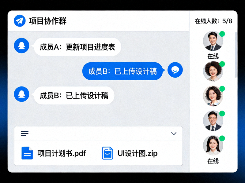 团队使用Telegram电脑版进行项目协作和消息同步的示意图，展示多人同时在线协作