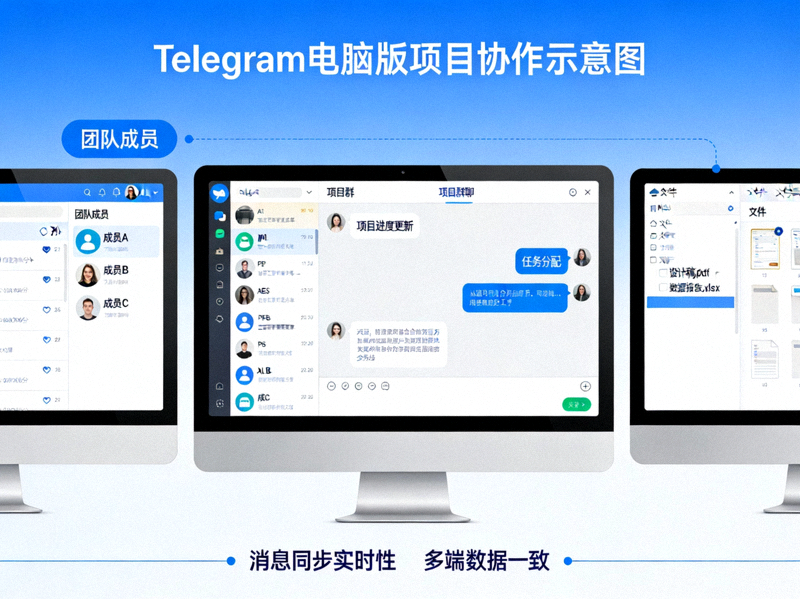 展示团队如何利用Telegram电脑版和手机版协同处理项目任务，实现信息实时同步的协作场景图