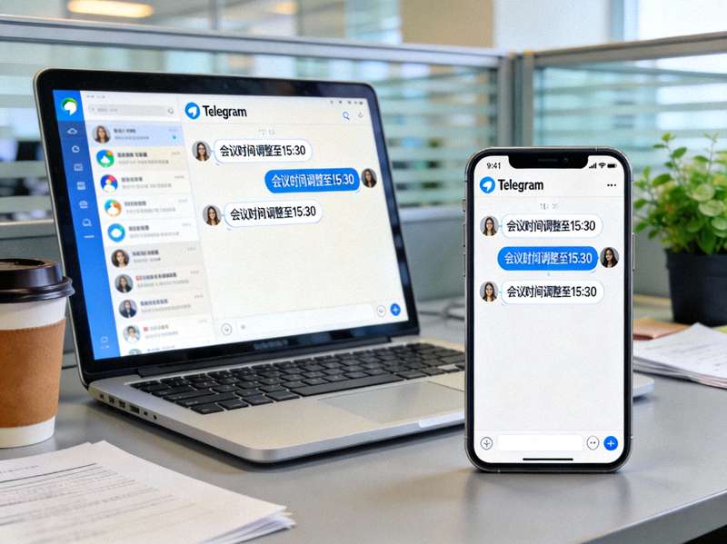 一个人同时在手机和电脑上查看Telegram消息的办公场景，展示消息实时同步的效果