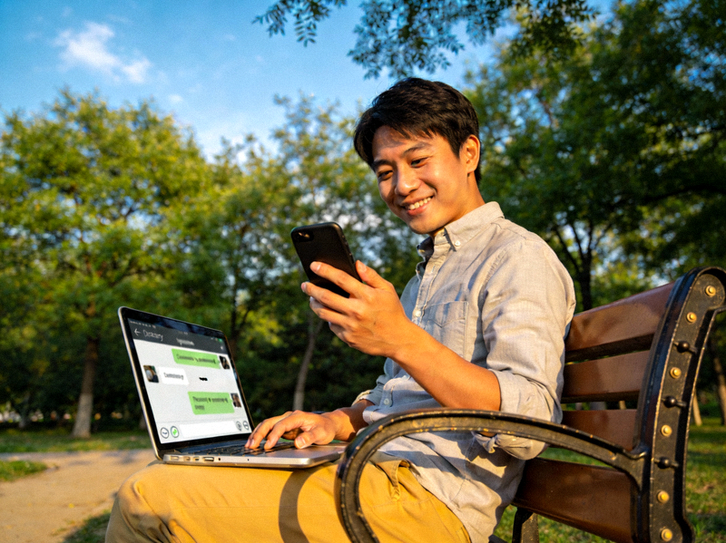 一个人在户外使用手机和笔记本电脑，象征随时随地保持消息更新的自由