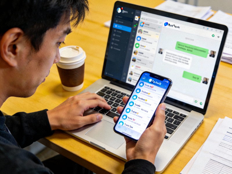 一个人正在检查手机和电脑上的消息，确保没有遗漏任何信息的场景