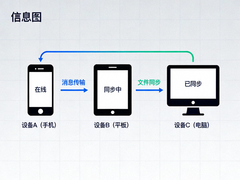 展示跨设备工作流程中Telegram同步功能如何连接不同设备的图表，包括数据流和连接状态