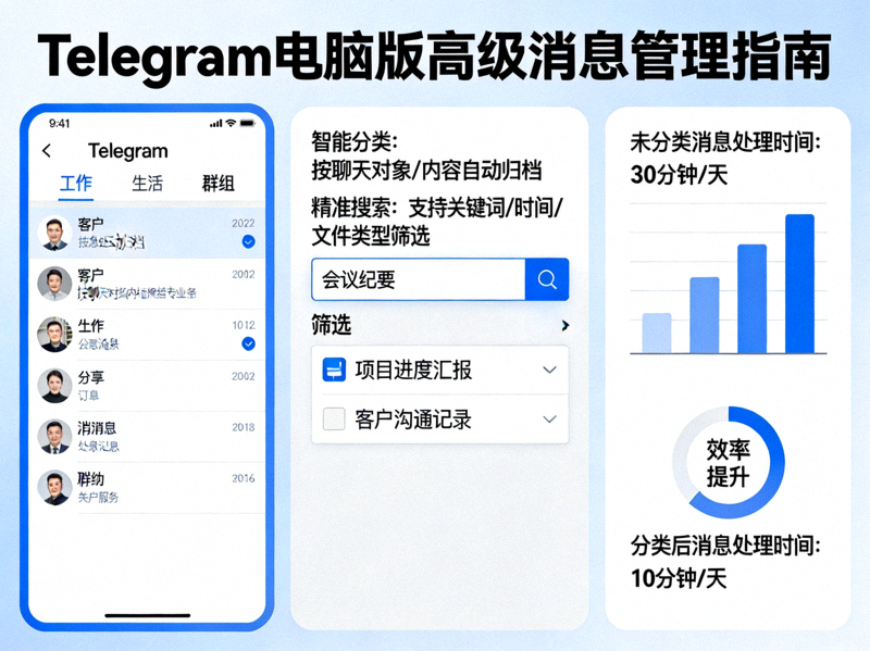 展示通过Telegram电脑版高级功能管理大量消息以提升效率的概念图，包括分类和搜索功能