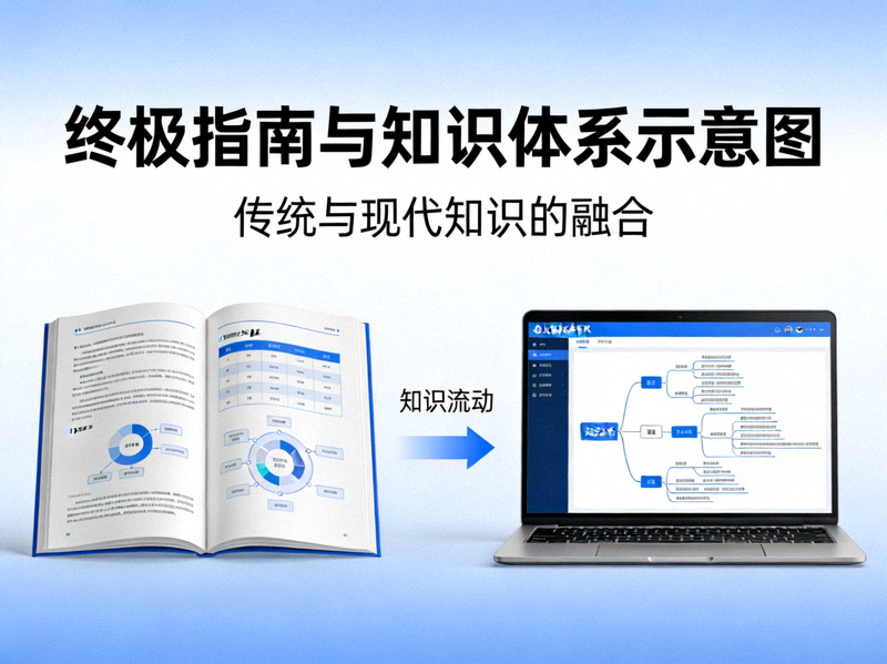展示一本打开的书和一台笔记本电脑，象征终极指南与知识体系的示意图