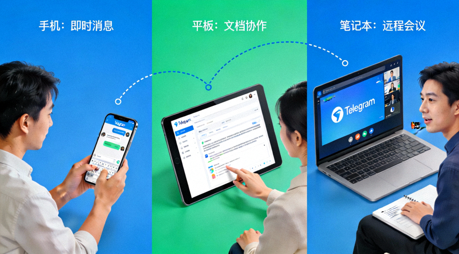 展示用户在不同设备间无缝切换使用Telegram进行工作和沟通的场景示意图