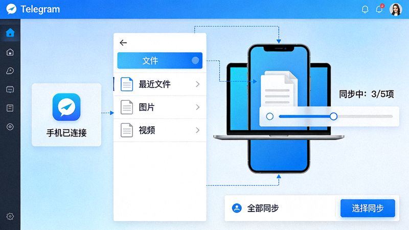 展示在Telegram电脑版上管理和同步来自手机的文件与媒体的操作示例