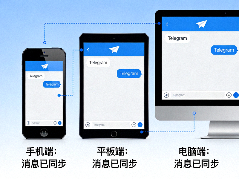 展示纸飞机与Telegram电脑版在多台设备上同步消息的示意图