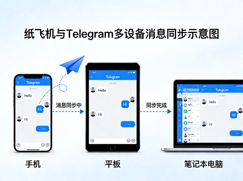 展示纸飞机与Telegram电脑版在多台设备上同步消息的示意图，包括手机、平板和笔记本电脑